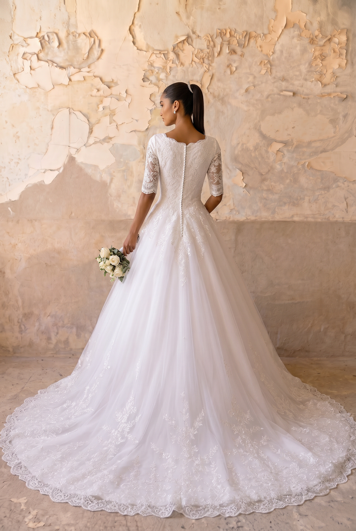 Vintage Style Lace Modest Ball Gown Wedding Dress with Short Sleeves  Plus Size