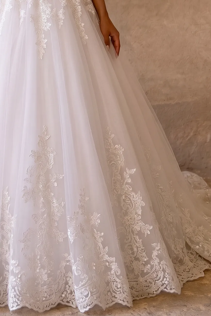 Vintage Style Lace Modest Ball Gown Wedding Dress with Short Sleeves  Plus Size