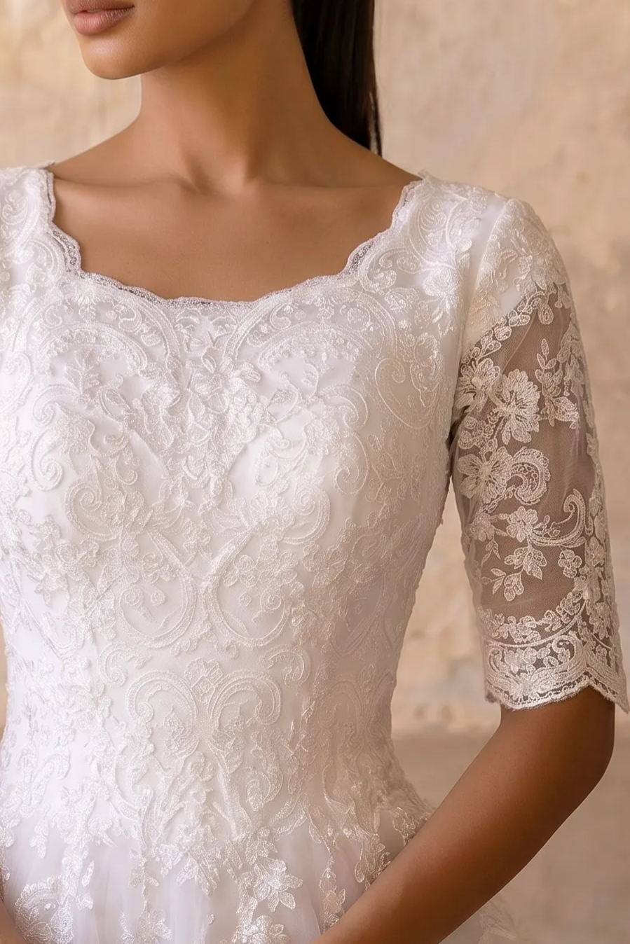 Vintage Style Lace Modest Ball Gown Wedding Dress with Short Sleeves  Plus Size