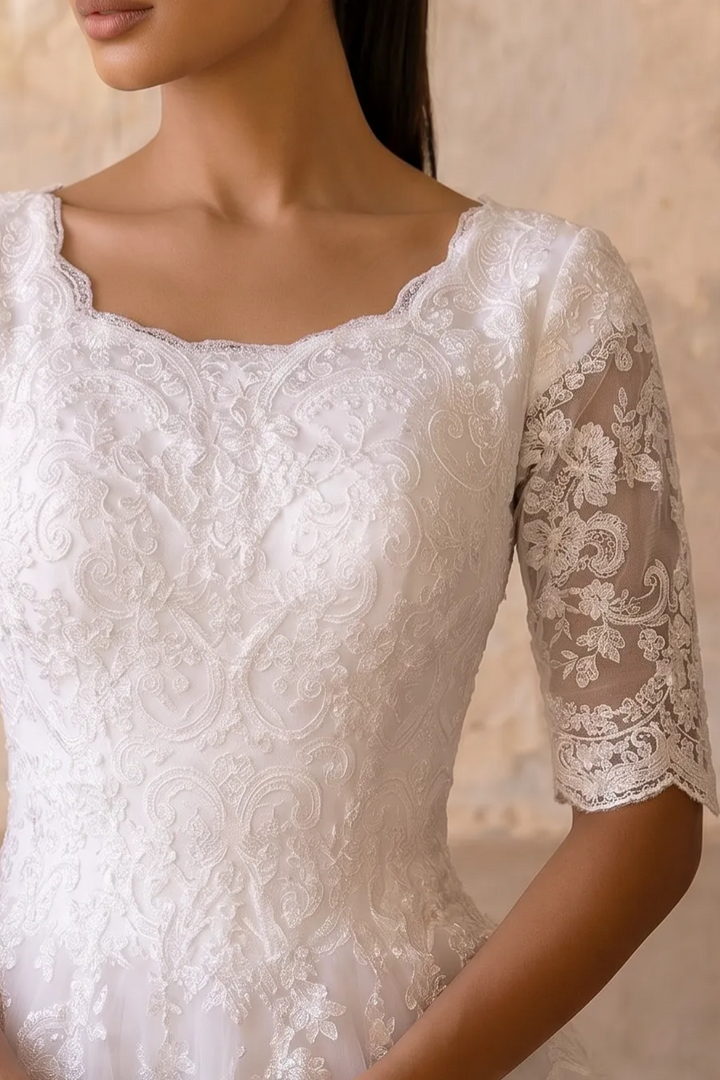Vintage Style Lace Modest Ball Gown Wedding Dress with Short Sleeves  Plus Size