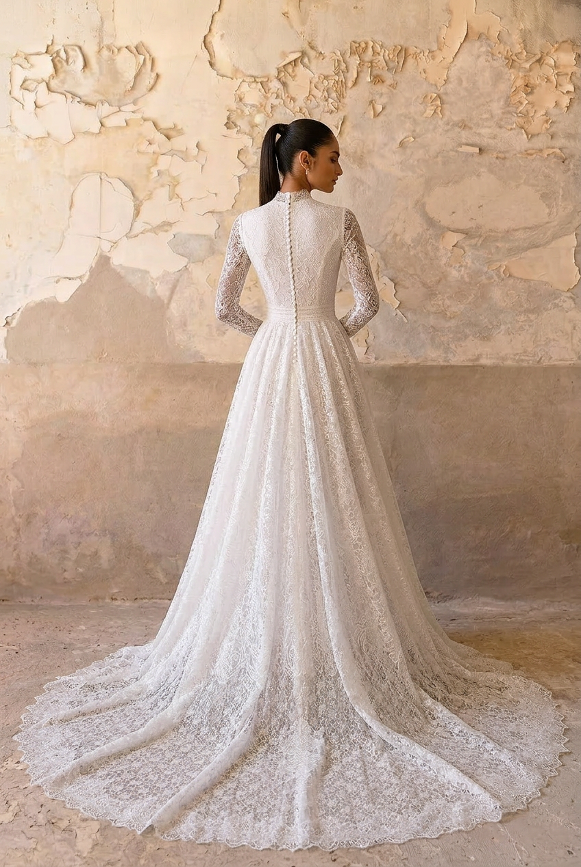 Vintage Style Modest English Lace Wedding Dress with Sleeves  Plus Size