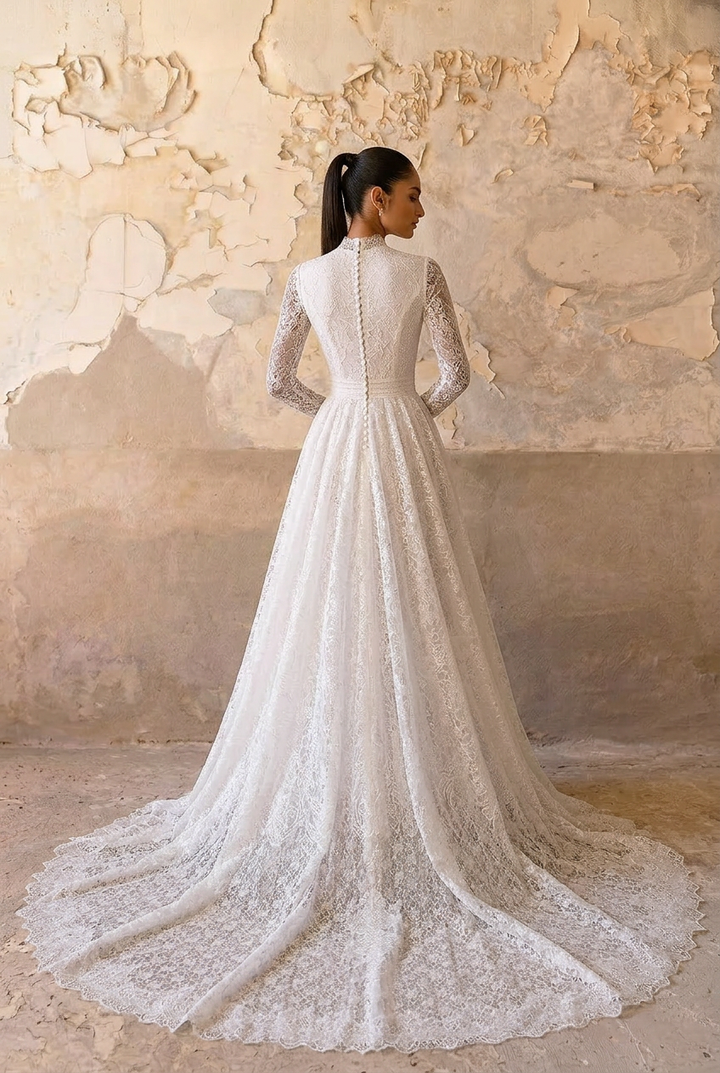 Vintage Style Modest English Lace Wedding Dress with Sleeves  Plus Size