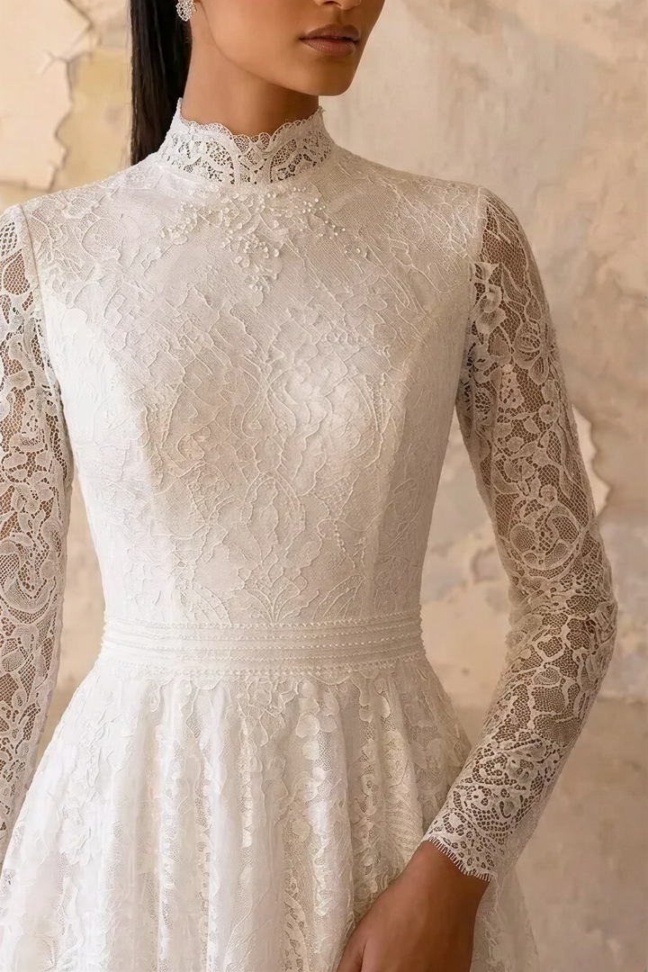Vintage Style Modest English Lace Wedding Dress with Sleeves  Plus Size