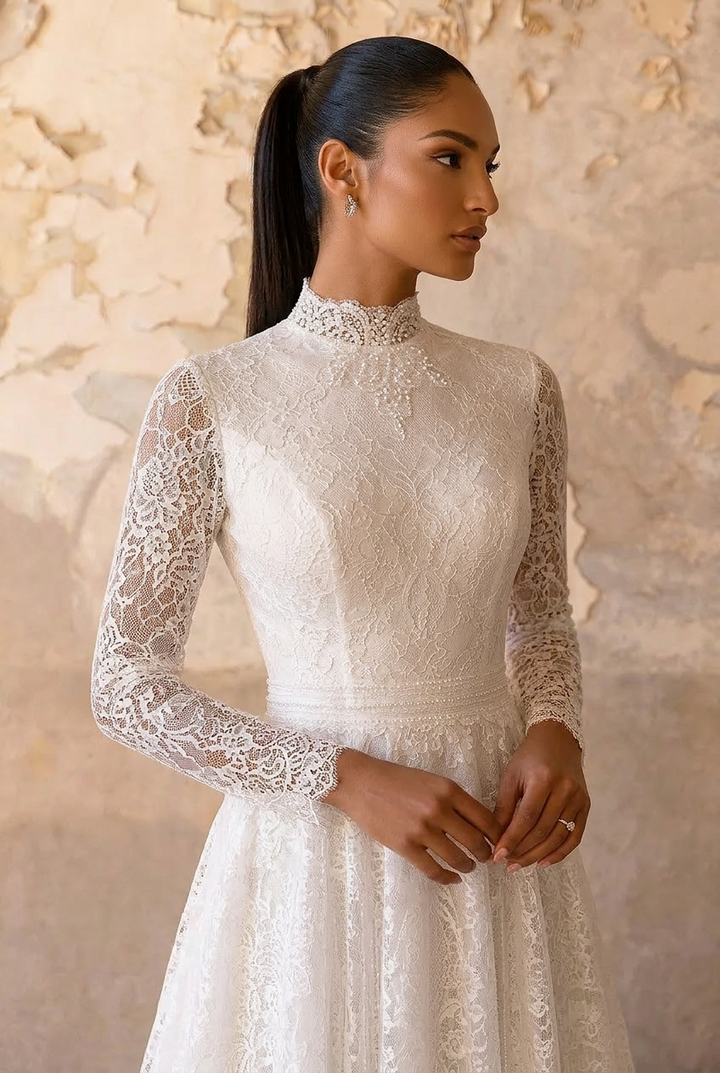 Vintage Style Modest English Lace Wedding Dress with Sleeves  Plus Size