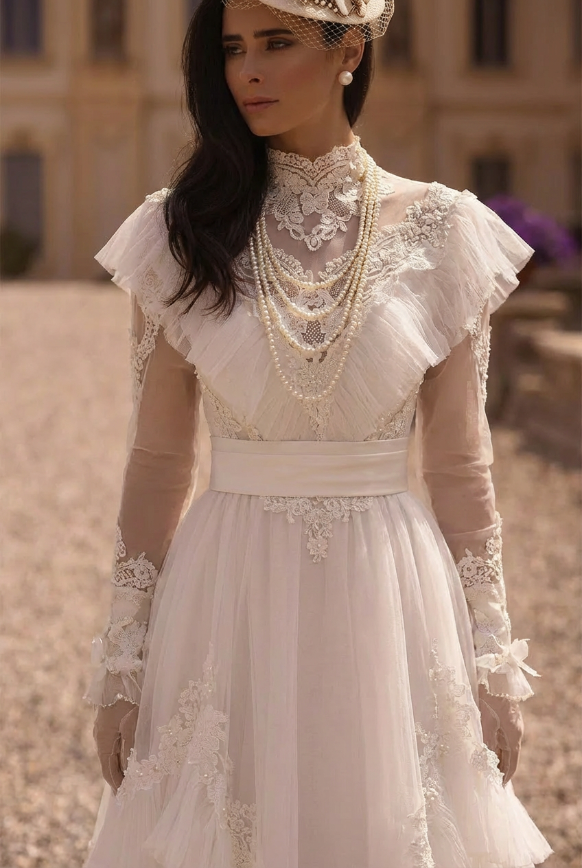 White Modest Lace Wedding Dress  - Vintage Victorian Wedding Dress - Gunne Sax Inspired