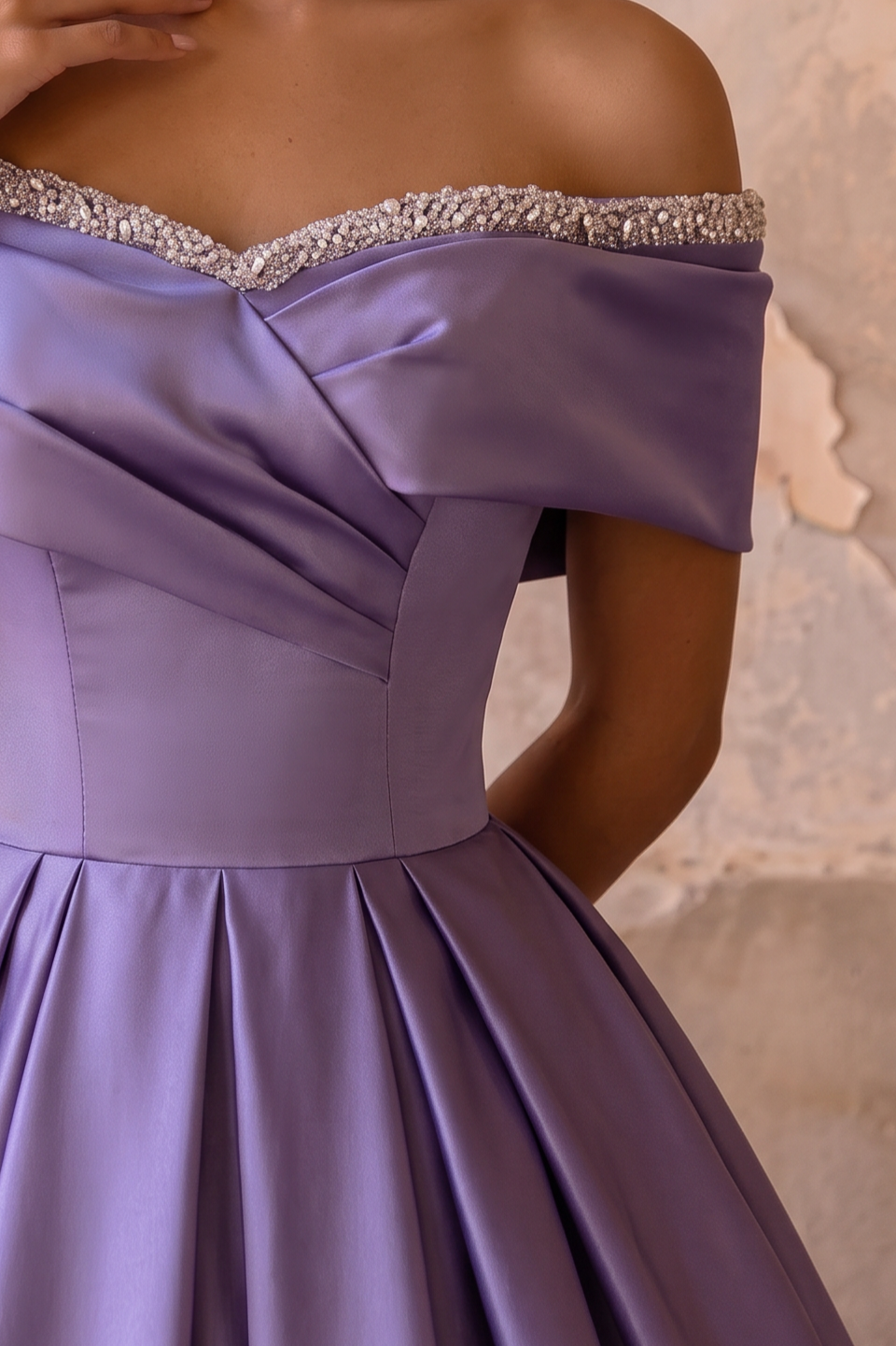 Violet Off-Shoulder Satin Ball Gown with Draped Neckline and Crystal Trim Plus Size