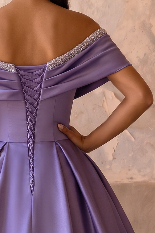 Violet Off-Shoulder Satin Ball Gown with Draped Neckline and Crystal Trim Plus Size