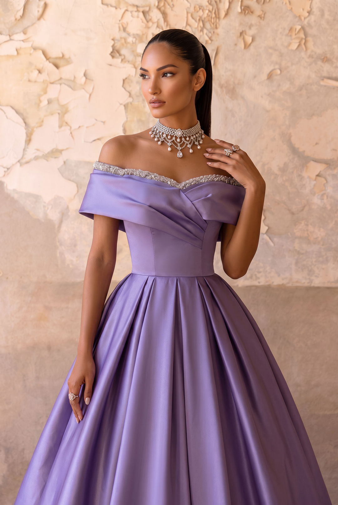 Violet Off-Shoulder Satin Ball Gown with Draped Neckline and Crystal Trim Plus Size