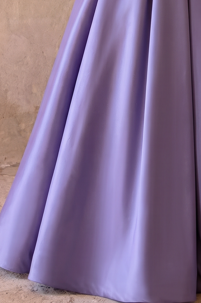 Violet Off-Shoulder Satin Ball Gown with Draped Neckline and Crystal Trim Plus Size