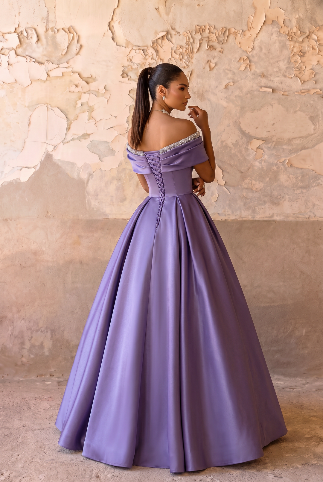 Violet Off-Shoulder Satin Ball Gown with Draped Neckline and Crystal Trim Plus Size