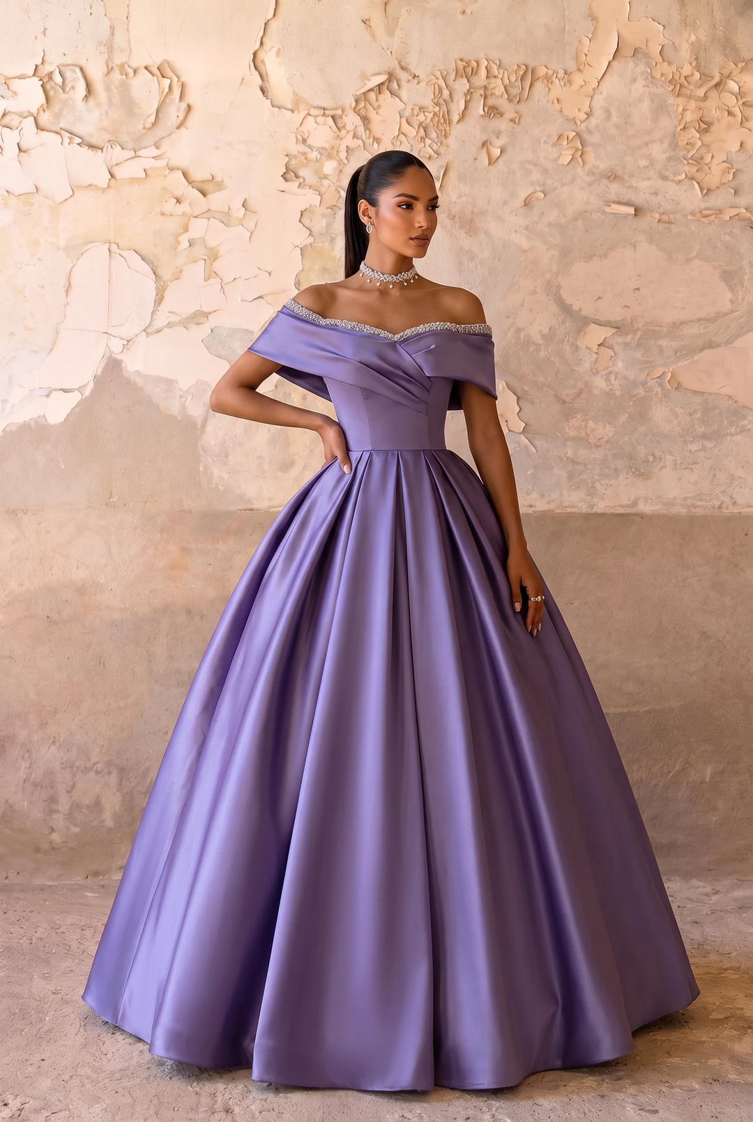 Violet Off-Shoulder Satin Ball Gown with Draped Neckline and Crystal Trim Plus Size