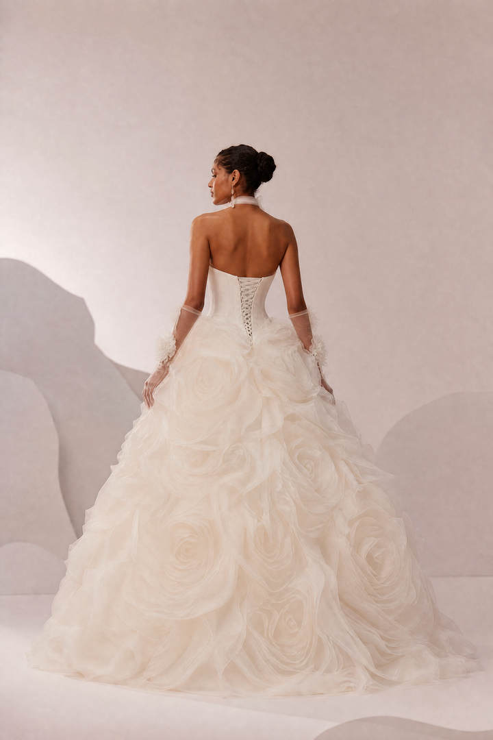 White Floral Ball Gown with 3D Rose Appliqué and Off Shoulder Corset Wedding Dress Plus Size