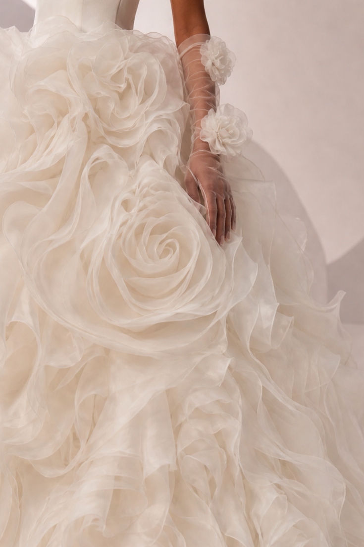 White Floral Ball Gown with 3D Rose Appliqué and Off Shoulder Corset Wedding Dress Plus Size