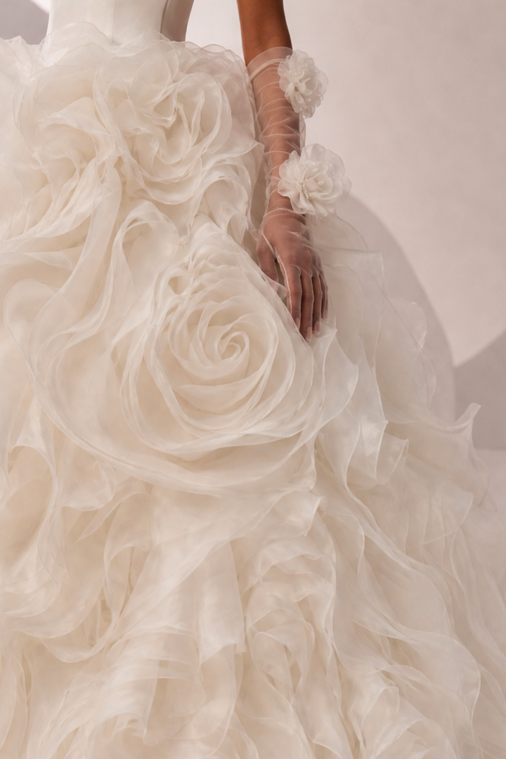 White Floral Ball Gown with 3D Rose Appliqué and Off Shoulder Corset Wedding Dress Plus Size