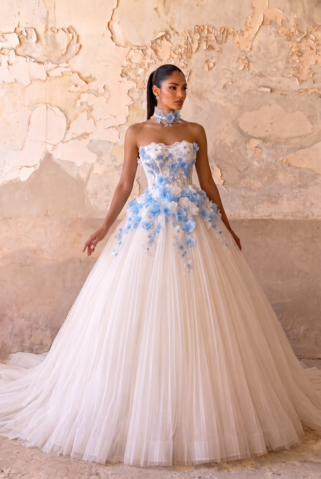 White Floral Wedding Dress with Blue 3D Flowers - Strapless Corset Ball Gown with Oversized Floral Appliqués - Romantic Bridal Dress Plus Size