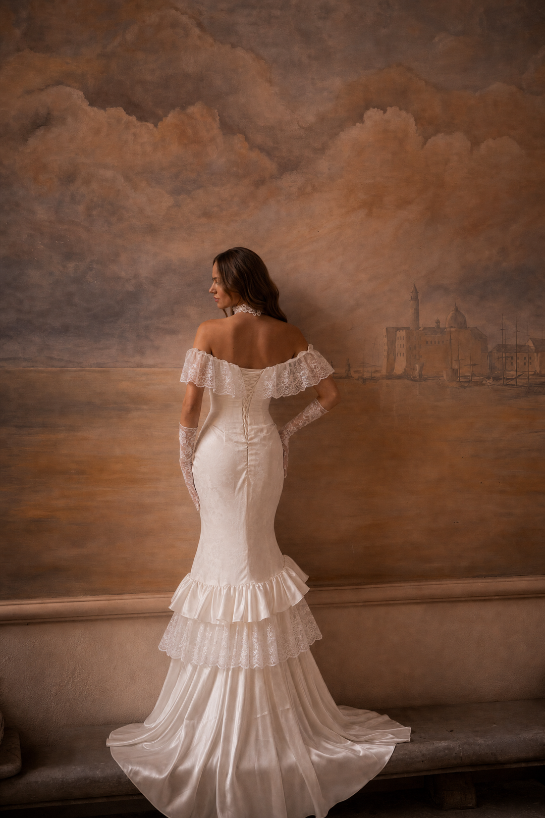 White Mermaid Wedding Dress Off Shoulder Lace Ruffle Gown with 3D Floral Appliqué and Corset Back Plus Size
