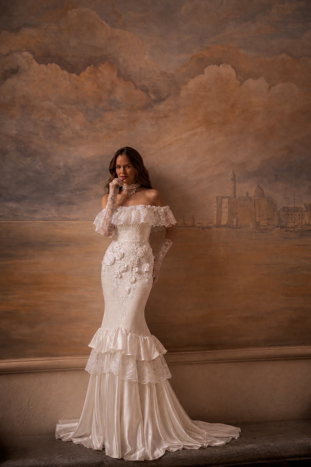 White Mermaid Wedding Dress Off Shoulder Lace Ruffle Gown with 3D Floral Appliqué and Corset Back Plus Size