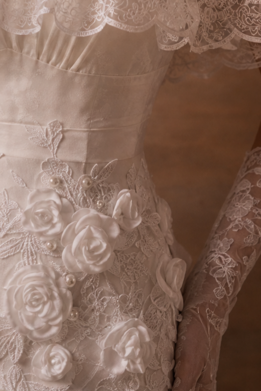 White Mermaid Wedding Dress Off Shoulder Lace Ruffle Gown with 3D Floral Appliqué and Corset Back Plus Size