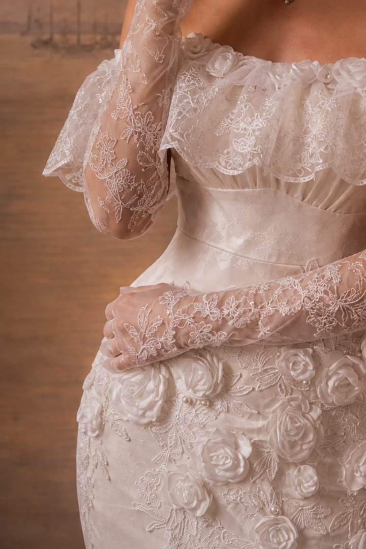 White Mermaid Wedding Dress Off Shoulder Lace Ruffle Gown with 3D Floral Appliqué and Corset Back Plus Size
