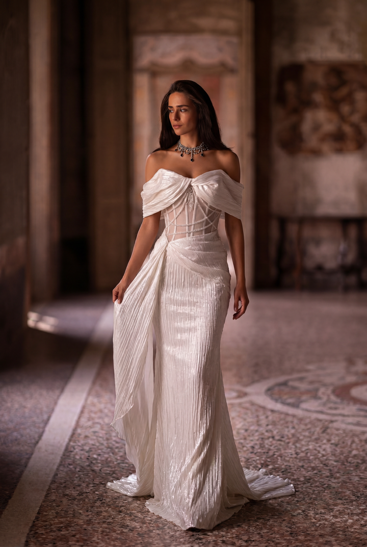 White Off-the-Shoulder Sheer Mermaid Tulle Evening Gown - Plus Size