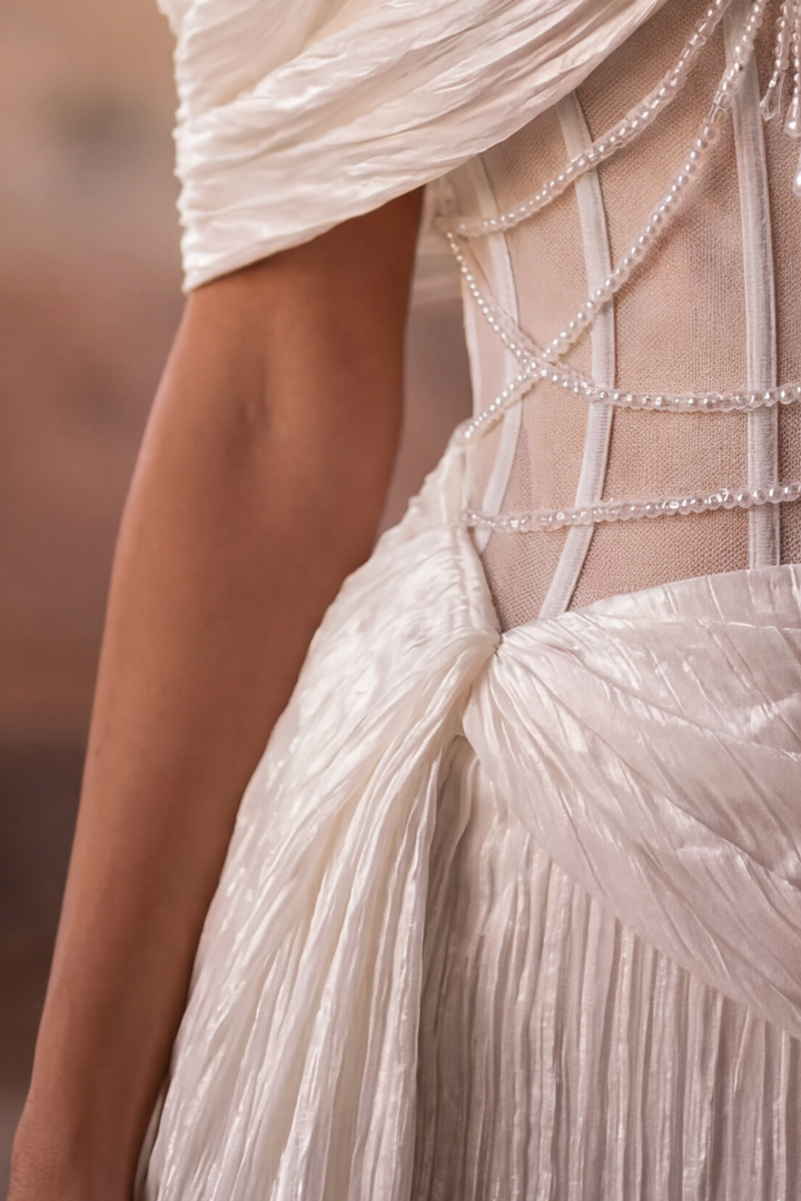 White Off-the-Shoulder Sheer Mermaid Tulle Evening Gown - Plus Size