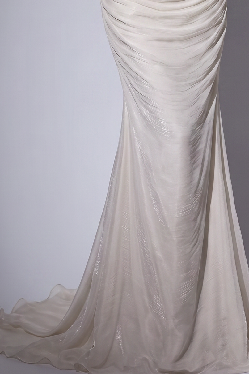 White Ruched Evening Dress with Draped Scarf and Mermaid Train Plus Size