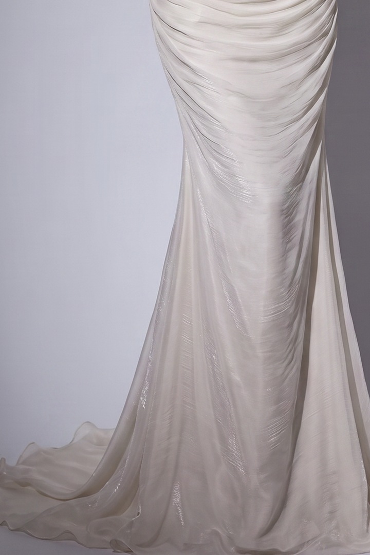 White Ruched Evening Dress with Draped Scarf and Mermaid Train Plus Size