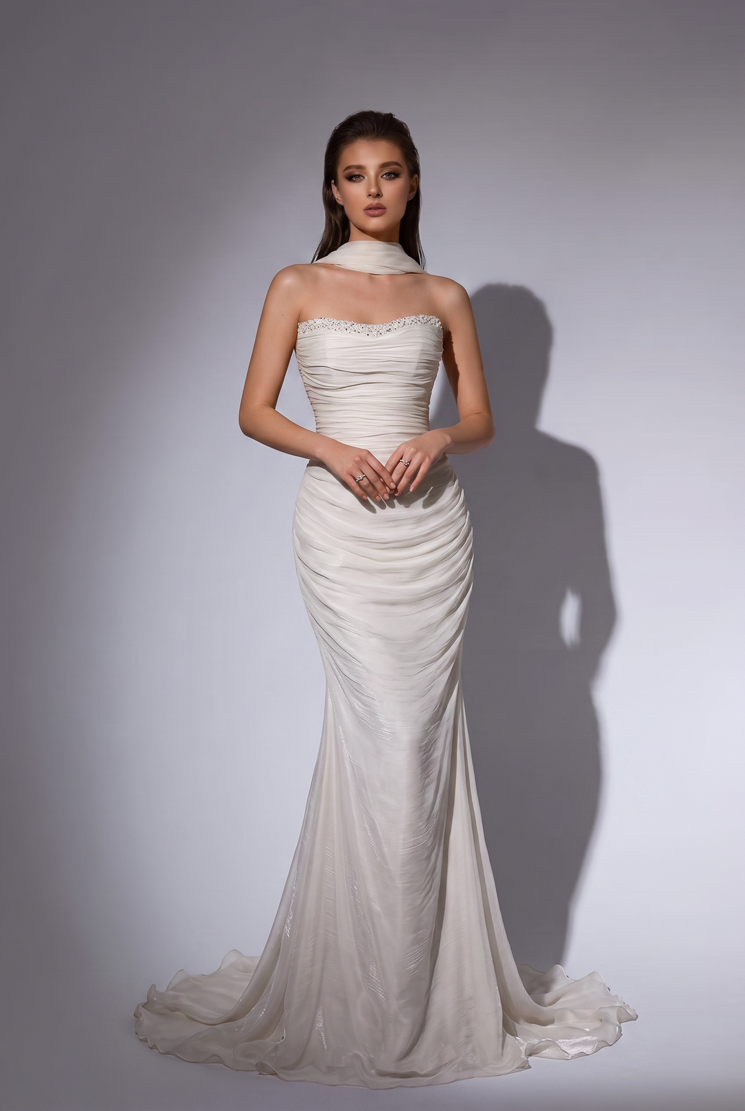 White Ruched Evening Dress with Draped Scarf and Mermaid Train Plus Size