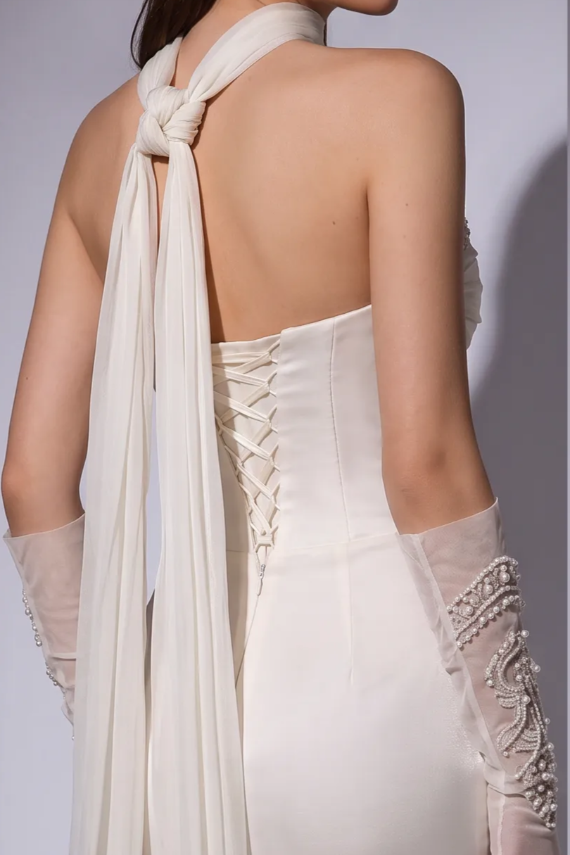 White Ruched Evening Dress with Draped Scarf and Mermaid Train Plus Size