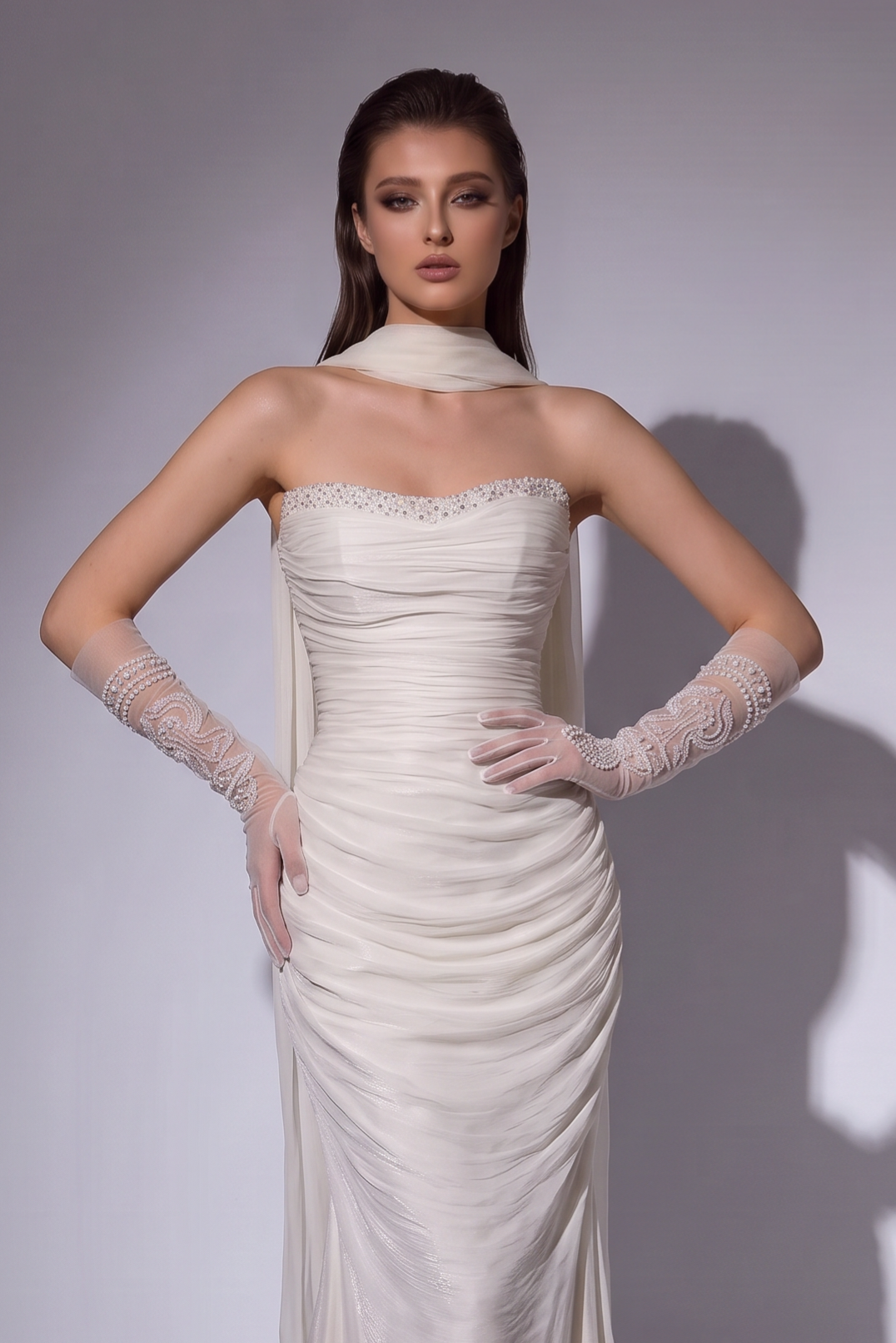 White Ruched Evening Dress with Draped Scarf and Mermaid Train Plus Size