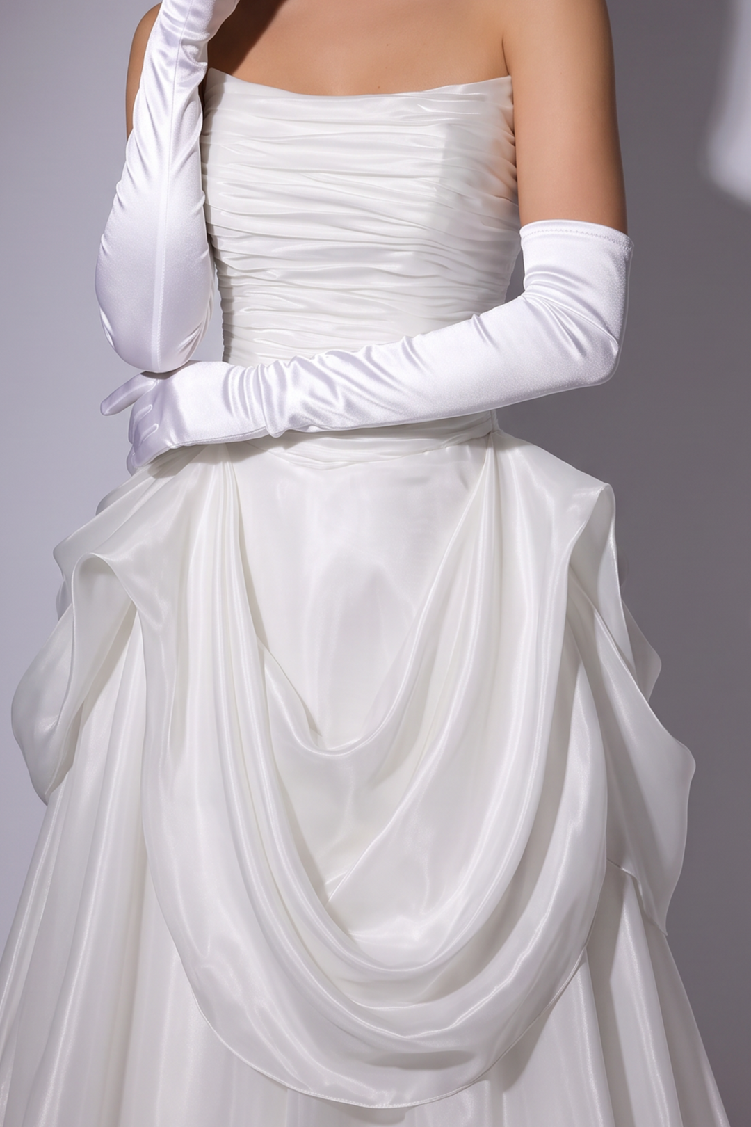 White Ruched Evening Dress with Draped Skirt and Corset Back Plus Size