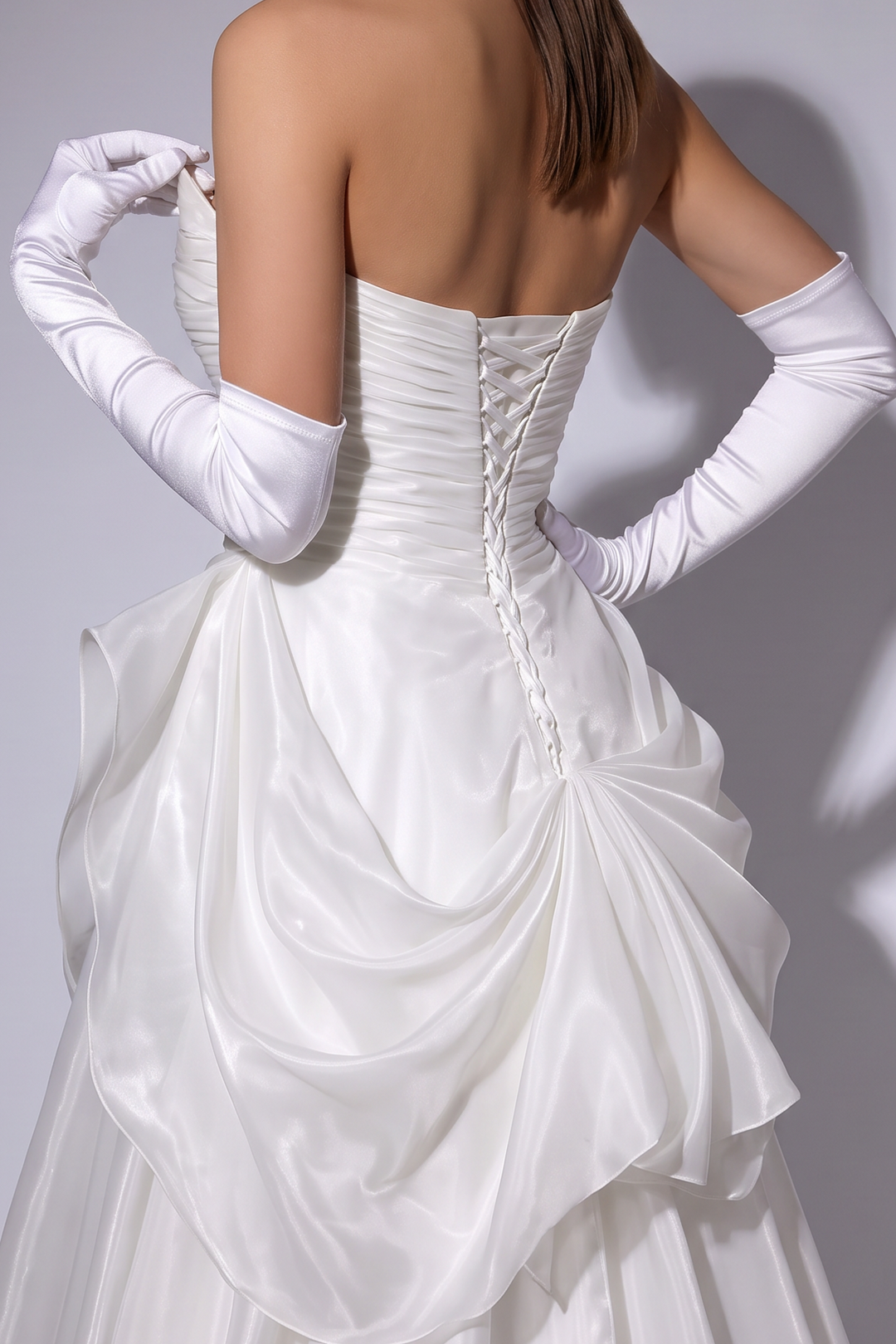 White Ruched Evening Dress with Draped Skirt and Corset Back Plus Size
