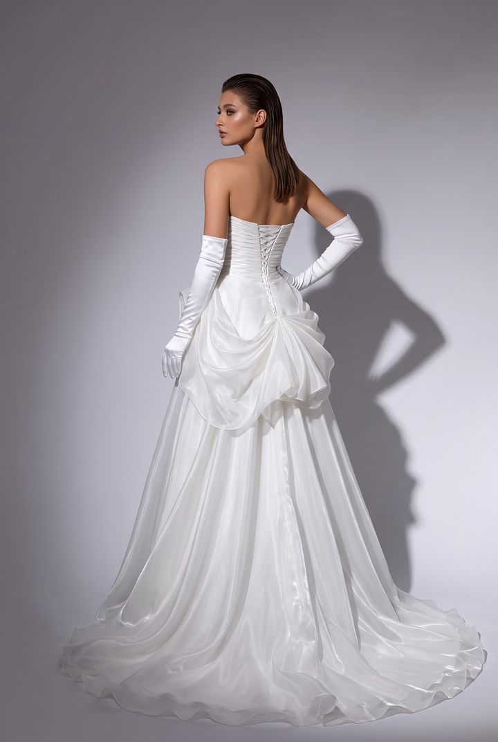 White Ruched Evening Dress with Draped Skirt and Corset Back Plus Size