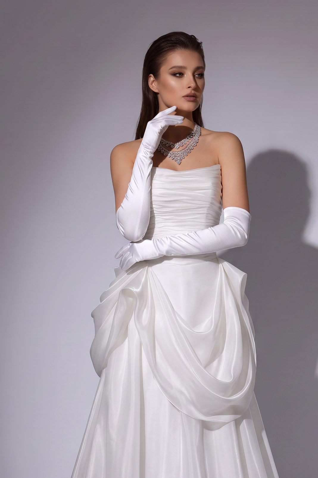 White Ruched Evening Dress with Draped Skirt and Corset Back Plus Size