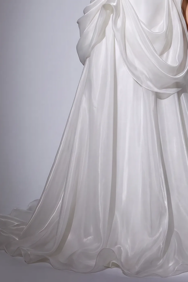 White Ruched Evening Dress with Draped Skirt and Corset Back Plus Size