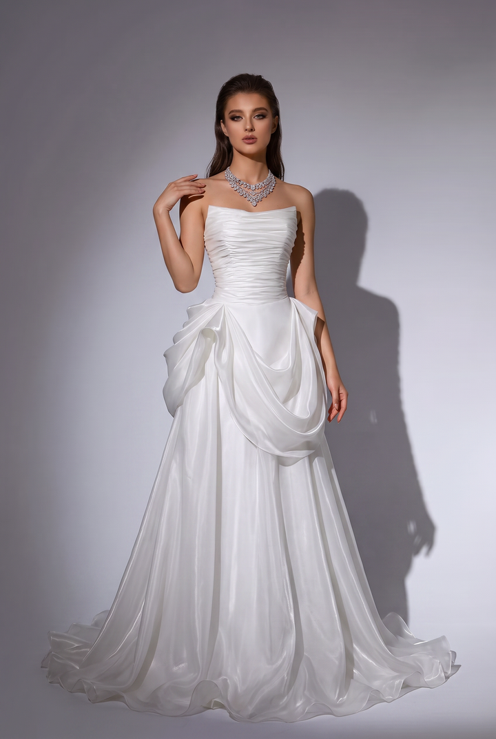 White Ruched Evening Dress with Draped Skirt and Corset Back Plus Size