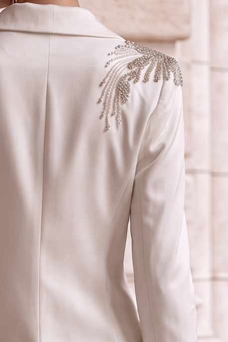 White Satin Blazer Jacket Wedding Dress Alternative – Unconventional Wedding Dress Suit and Pants Set with Silver Beaded Shoulders, Plus Size