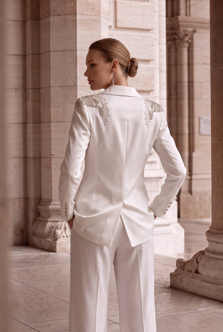 White Satin Blazer Jacket Wedding Dress Alternative – Unconventional Wedding Dress Suit and Pants Set with Silver Beaded Shoulders, Plus Size