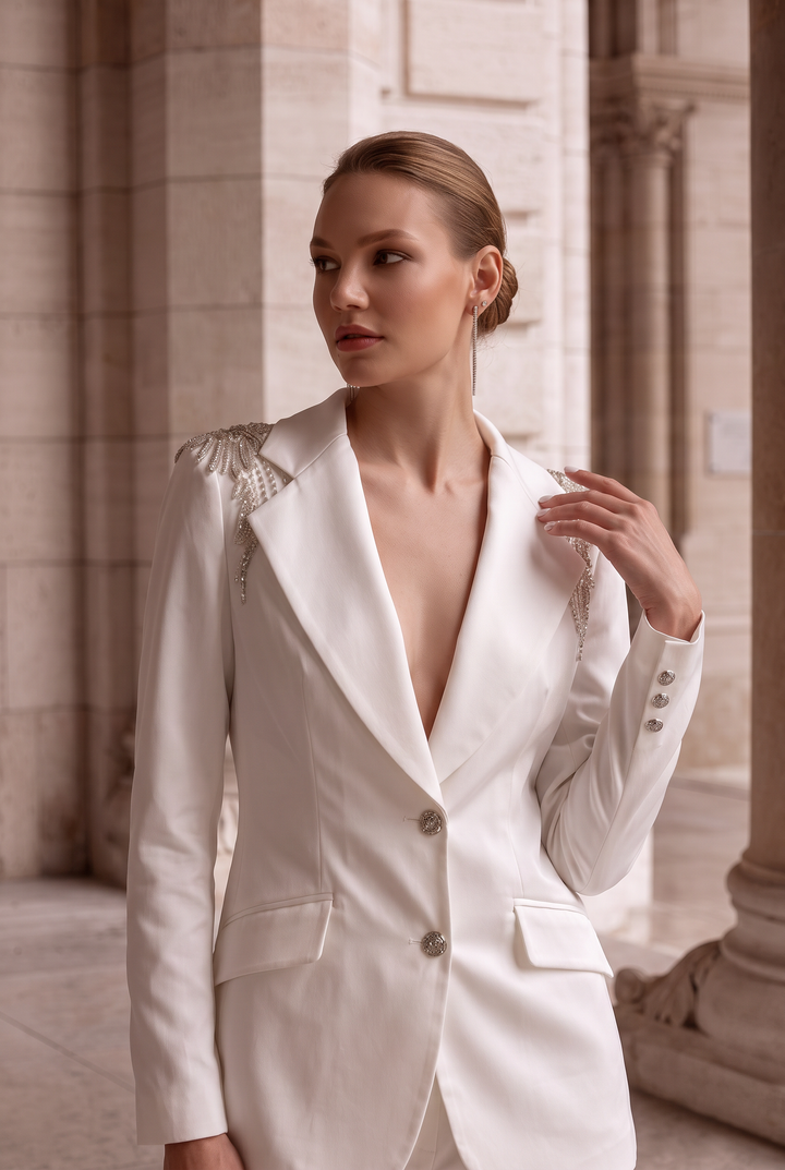 White Satin Blazer Jacket Wedding Dress Alternative – Unconventional Wedding Dress Suit and Pants Set with Silver Beaded Shoulders, Plus Size