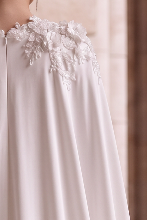 White Satin Greek Goddess Fantasy Convertible Unconventional Wedding Dress, Plunging Neck Formal Gown with Embroidered Cape Plus Size