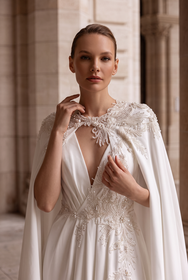 White Satin Greek Goddess Fantasy Convertible Unconventional Wedding Dress, Plunging Neck Formal Gown with Embroidered Cape Plus Size