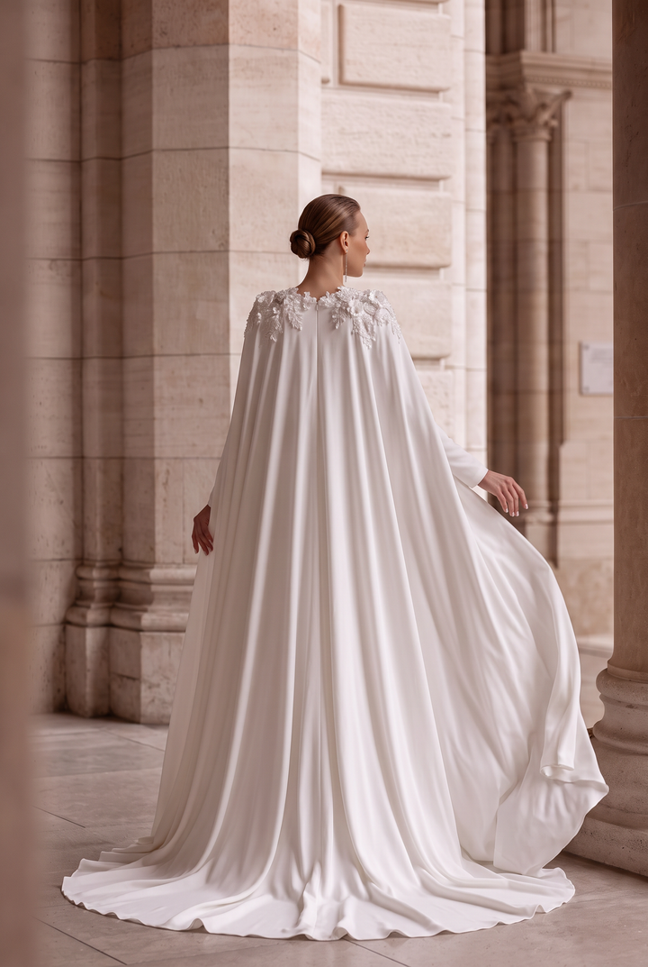White Satin Greek Goddess Fantasy Convertible Unconventional Wedding Dress, Plunging Neck Formal Gown with Embroidered Cape Plus Size