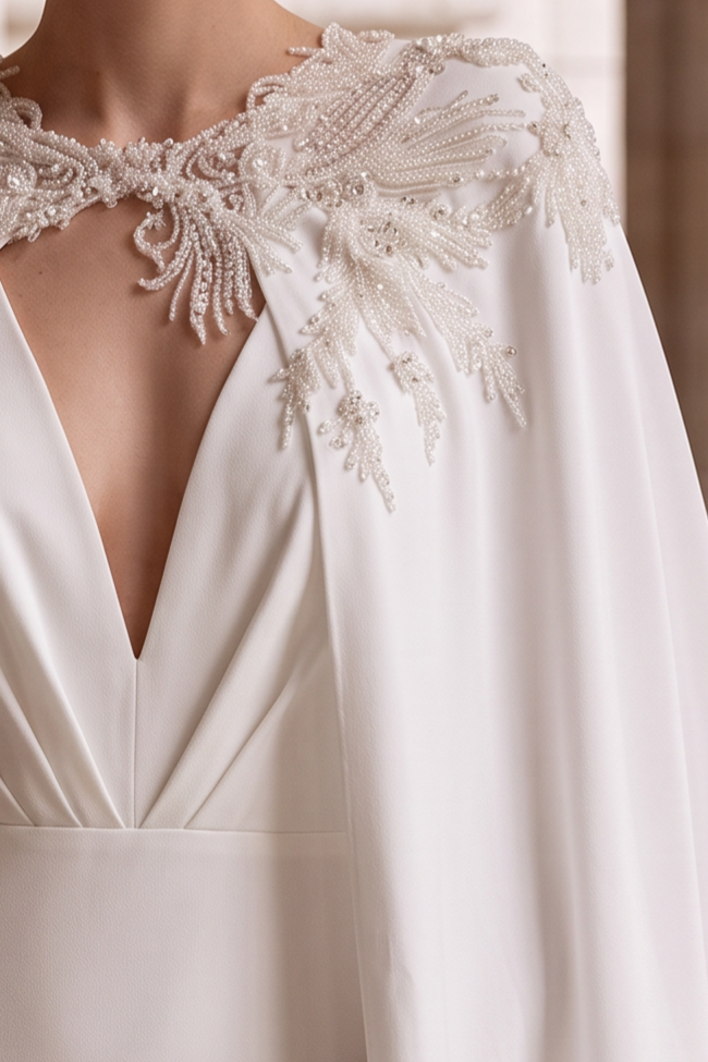 White Satin Greek Goddess Fantasy Convertible Unconventional Wedding Dress, Plunging Neck Formal Gown with Embroidered Cape Plus Size