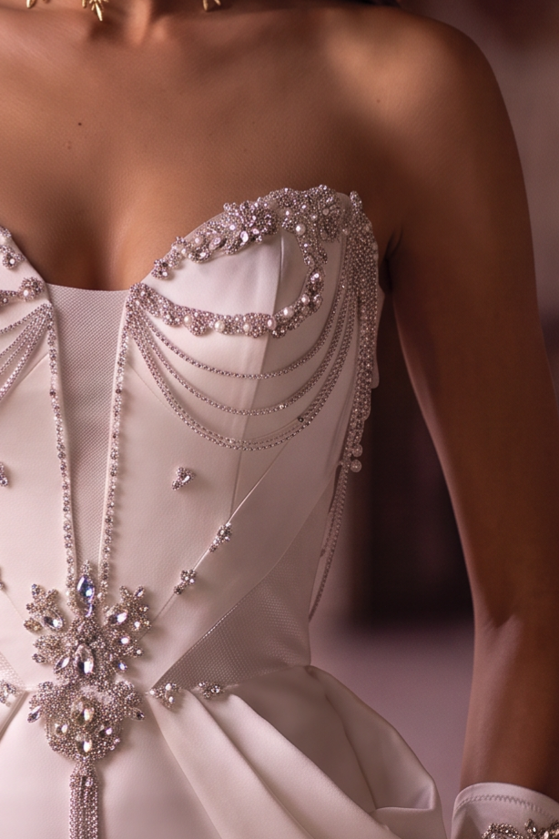 White Satin Mermaid Wedding Dress with Draped Corset Bodice, Ruffled Hip Details and Crystal Embellishments Plus Size