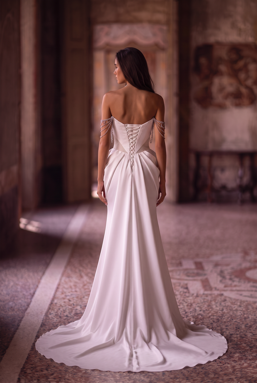 White Satin Mermaid Wedding Dress with Draped Corset Bodice, Ruffled Hip Details and Crystal Embellishments Plus Size