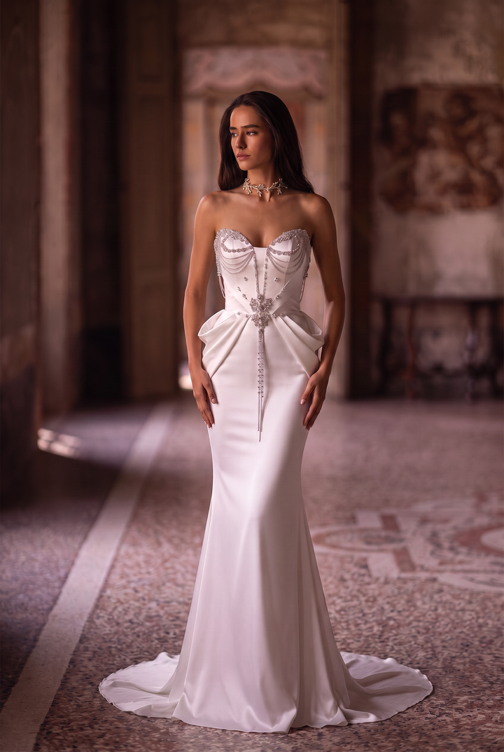 White Satin Mermaid Wedding Dress with Draped Corset Bodice, Ruffled Hip Details and Crystal Embellishments Plus Size