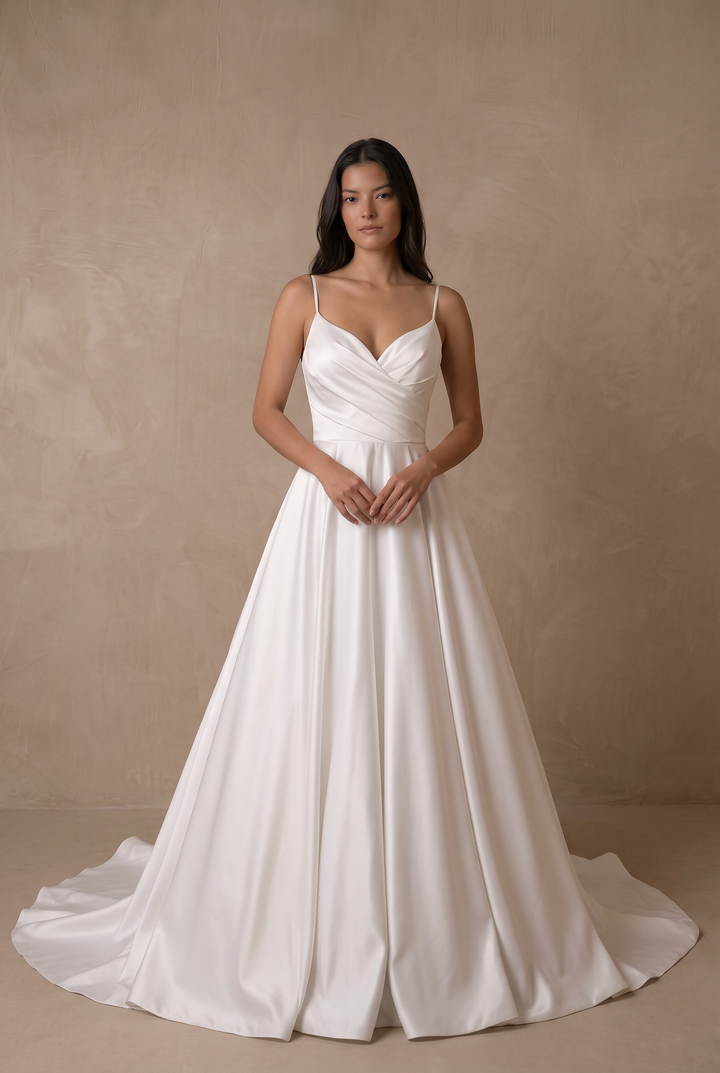 White Satin Wedding Ball Gown – Classic Spaghetti Strap A-Line Bridal Dress with Pockets Plus Size