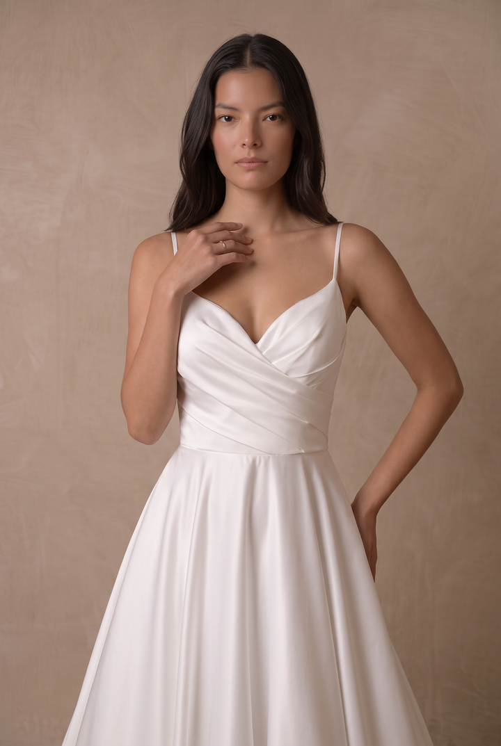 White Satin Wedding Ball Gown – Classic Spaghetti Strap A-Line Bridal Dress with Pockets Plus Size