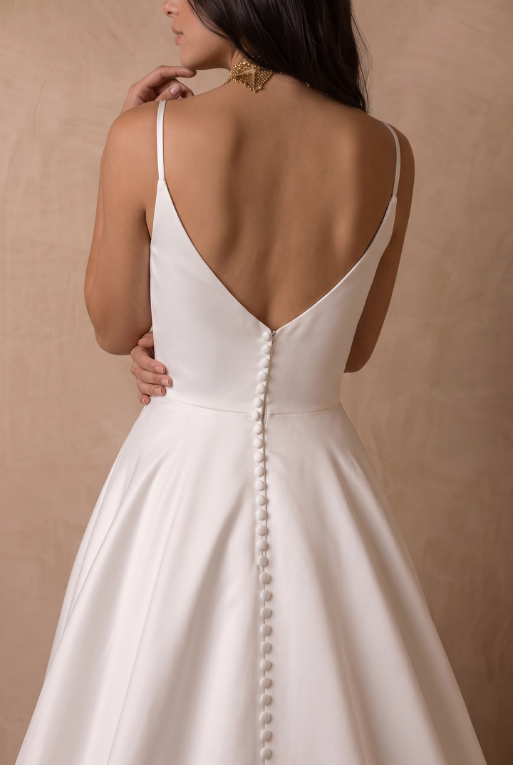 White Satin Wedding Ball Gown – Classic Spaghetti Strap A-Line Bridal Dress with Pockets Plus Size