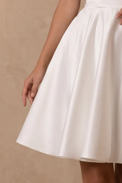 White Simple Satin A-Line Mini Wedding Dress – Classic Spaghetti Strap Bridal Party Dress with Sweetheart Neckline and V-Back Plus Size